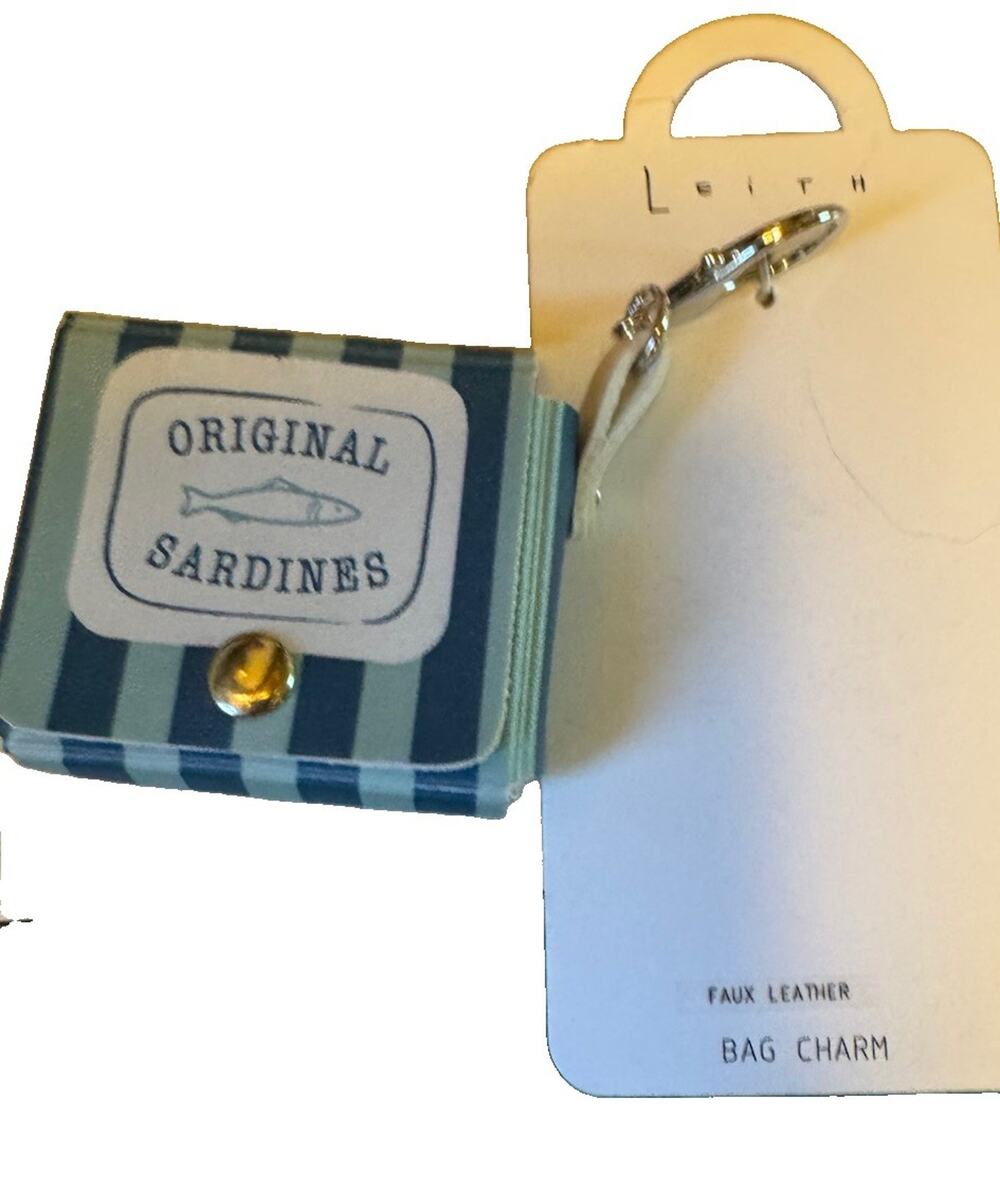 Leith Bag Charm Faux Leather Striped Blue w/ Silver Tone Metal Strap